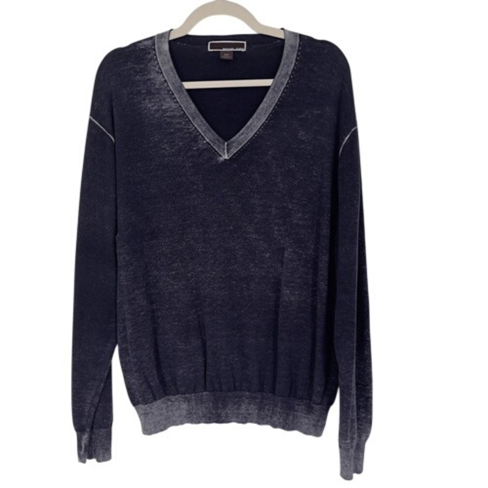 Michael Kors Distressed Cotton V-Neck Pullover Sweater Washed Blue Men's XXL
